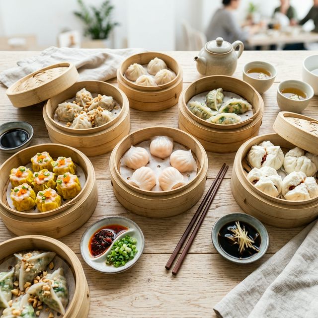 Radcharod dim sum spread with multiple bamboo steamers